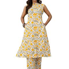Luxury Mandarin Collar Printed Co-Ord Set with Button Detail A-Line Kurta & Comfort Fit Pants