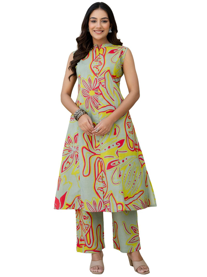 Luxury Mandarin Collar Printed Co-Ord Set with Button Detail A-Line Kurta & Comfort Fit Pants
