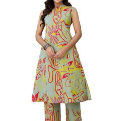 Luxury Mandarin Collar Printed Co-Ord Set with Button Detail A-Line Kurta & Comfort Fit Pants