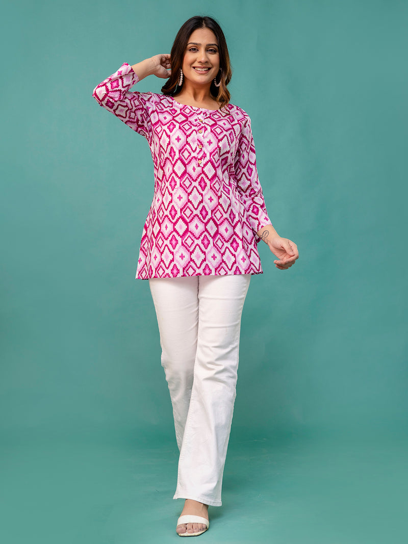 Chic Printed Short Kurti with Round Neck & 3/4 Sleeves