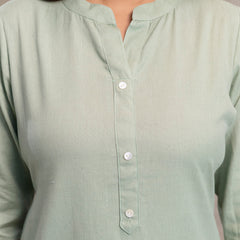 Women’s Solid Long Kurti with Mandarin Collar, 3/4 Sleeves & Pocket | Plain Elegant Cotton Kurta for Daily & Office Wear