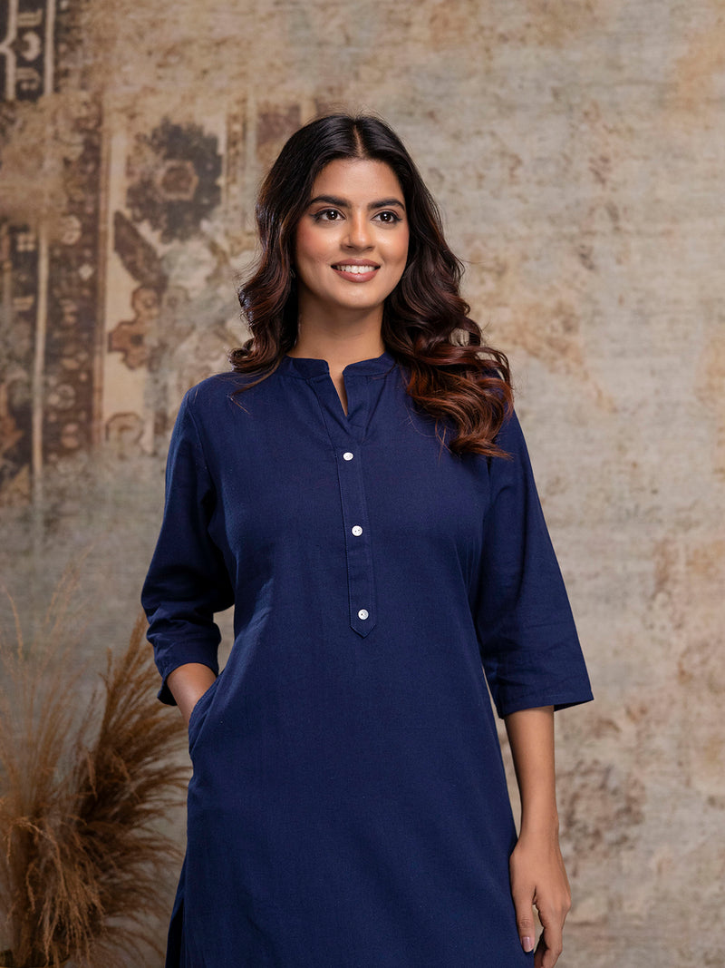 Women’s Solid Long Kurti with Mandarin Collar, 3/4 Sleeves & Pocket | Plain Elegant Cotton Kurta for Daily & Office Wear