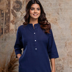 Women’s Solid Long Kurti with Mandarin Collar, 3/4 Sleeves & Pocket | Plain Elegant Cotton Kurta for Daily & Office Wear