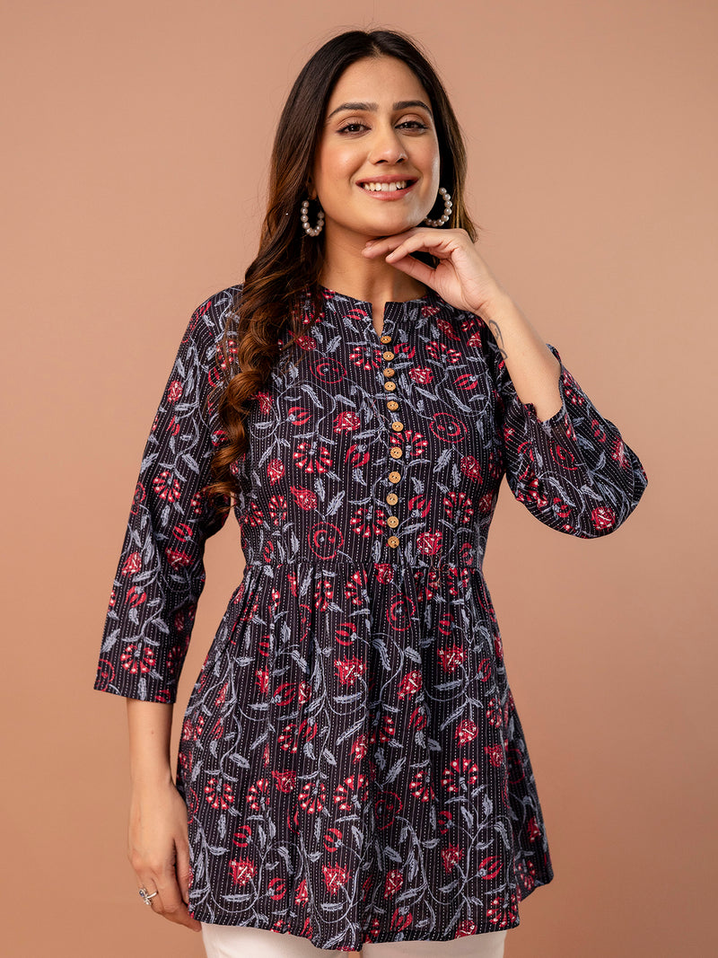 Top – Mandarin Collar, 3/4 Sleeves, Flattering Fit (Sizes S–XXL)
