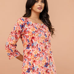 Chic Printed Short Kurti with Round Neck & 3/4 Sleeves