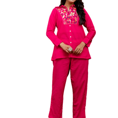 Pink Women's Embroidered Co-ord Set - Viscose Fabric Full Sleeve Shirt and Pant