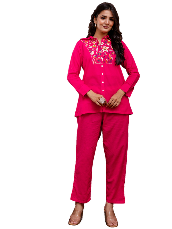 Pink Women's Embroidered Co-ord Set - Viscose Fabric Full Sleeve Shirt and Pant