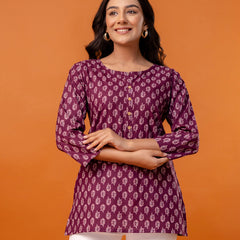 Chic Printed Short Kurti with Round Neck & 3/4 Sleeves