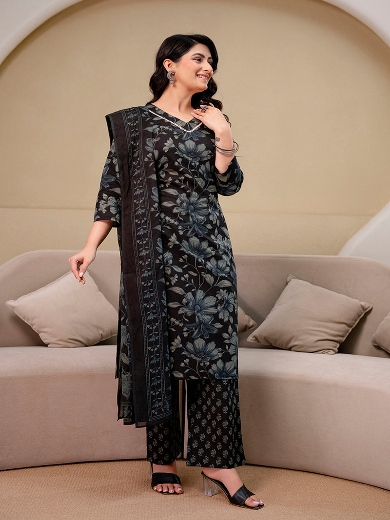 Printed Cotton Kurta Set with V-Neckline, Ankle-Length Pants and Graceful Dupatta