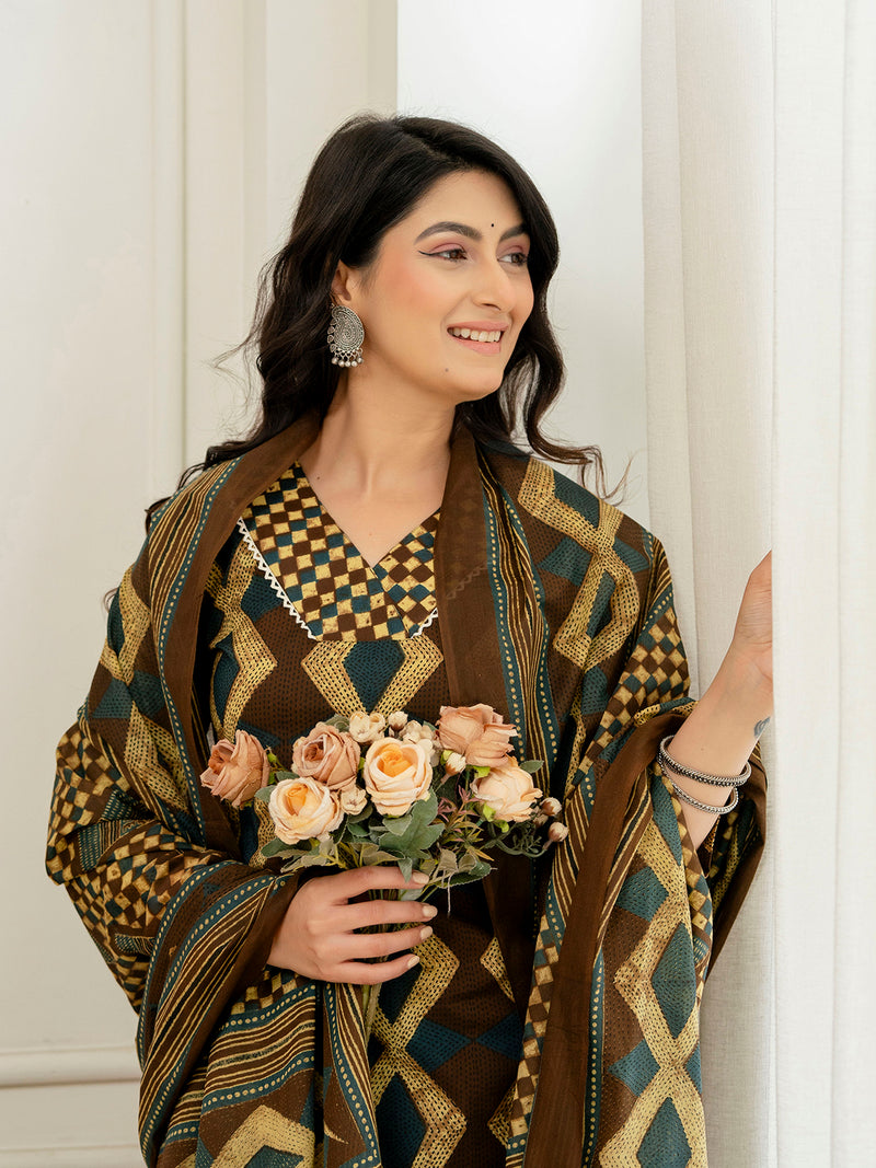 Bordered V-Neck 3-Piece Kurta Set with Ankle-Length Pants & Full-Length Dupatta (M–XXL)