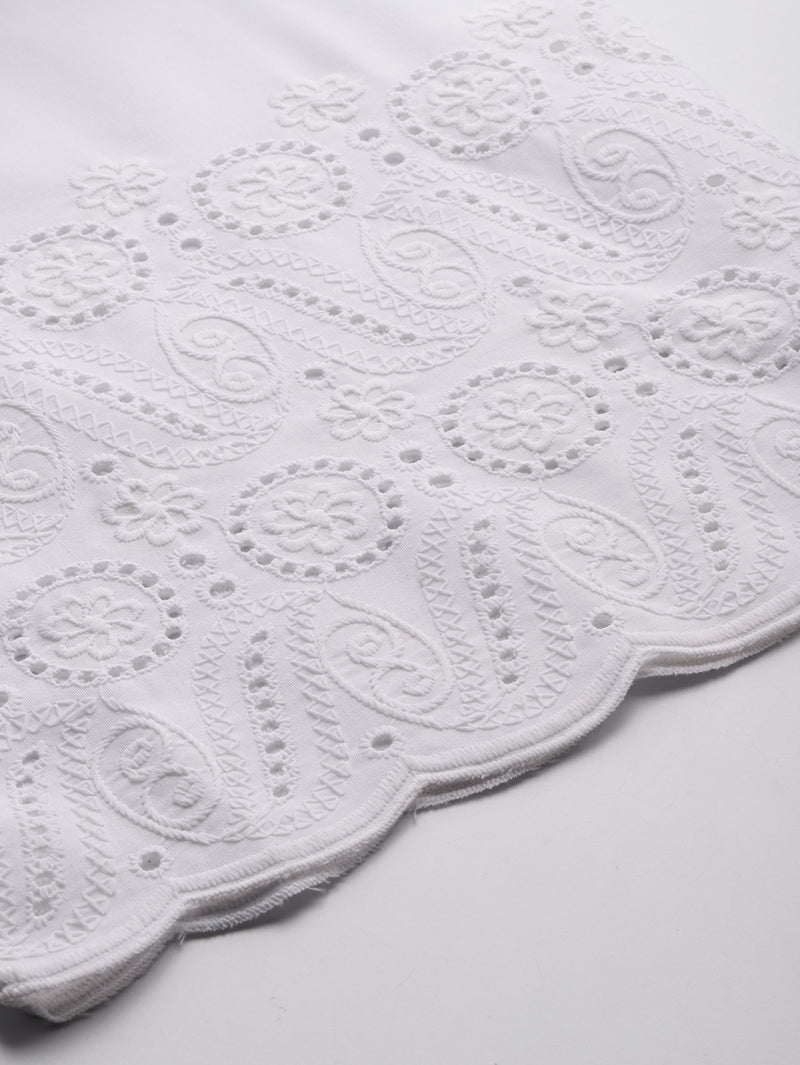 White Embroidered Palazzos–Fully Lined, Elastic Waist & Ankle-Length with Side Pocket