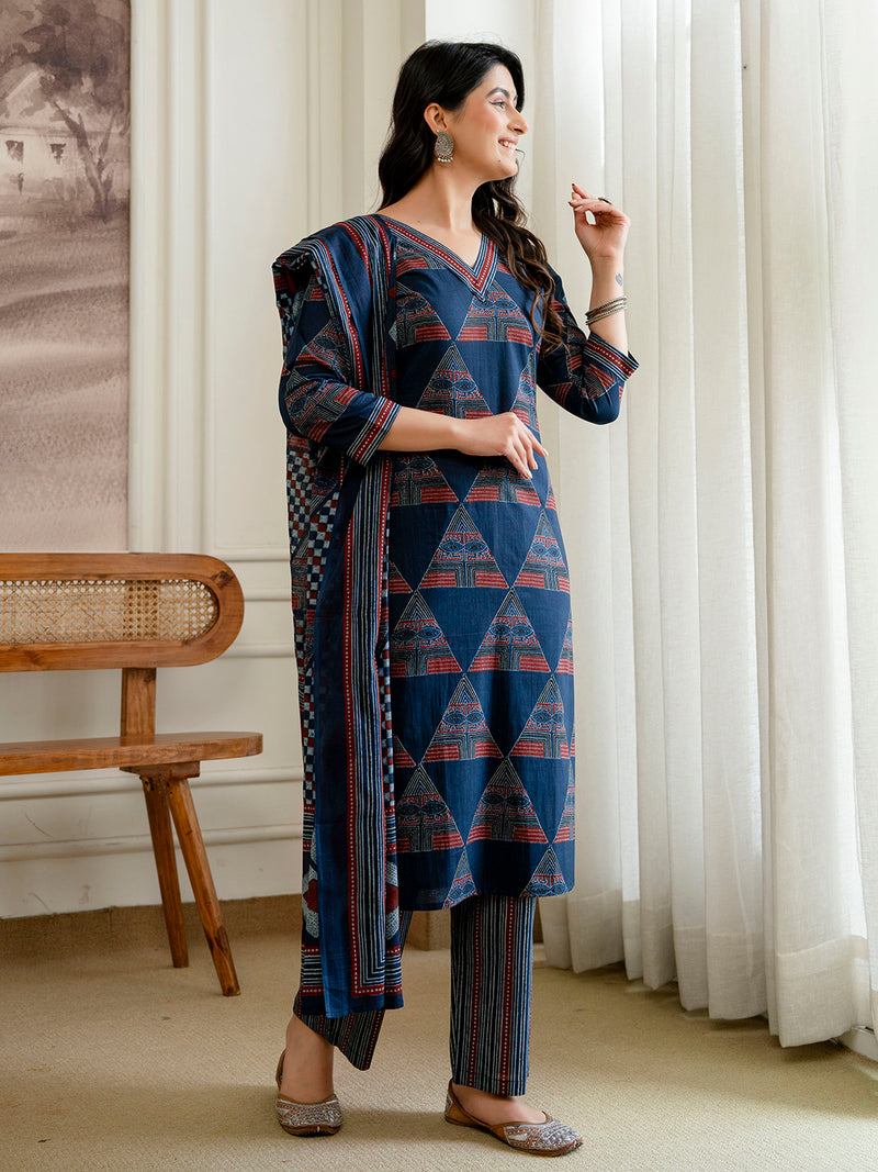 Bordered V-Neck 3-Piece Kurta Set with Ankle-Length Pants & Full-Length Dupatta (M–XXL)