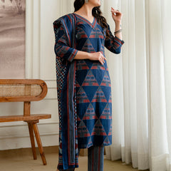 Bordered V-Neck 3-Piece Kurta Set with Ankle-Length Pants & Full-Length Dupatta (M–XXL)