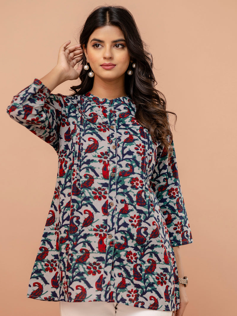 Elegant Mandarin Collar Printed Tunic – Stylish & Comfortable, Sizes