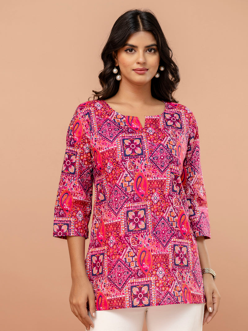 Elegant Printed Short Kurti – Soft Cotton, Everyday Style, Sizes S–XXL.