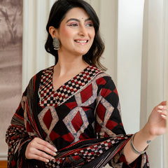 Bordered V-Neck 3-Piece Kurta Set with Ankle-Length Pants & Full-Length Dupatta (M–XXL)