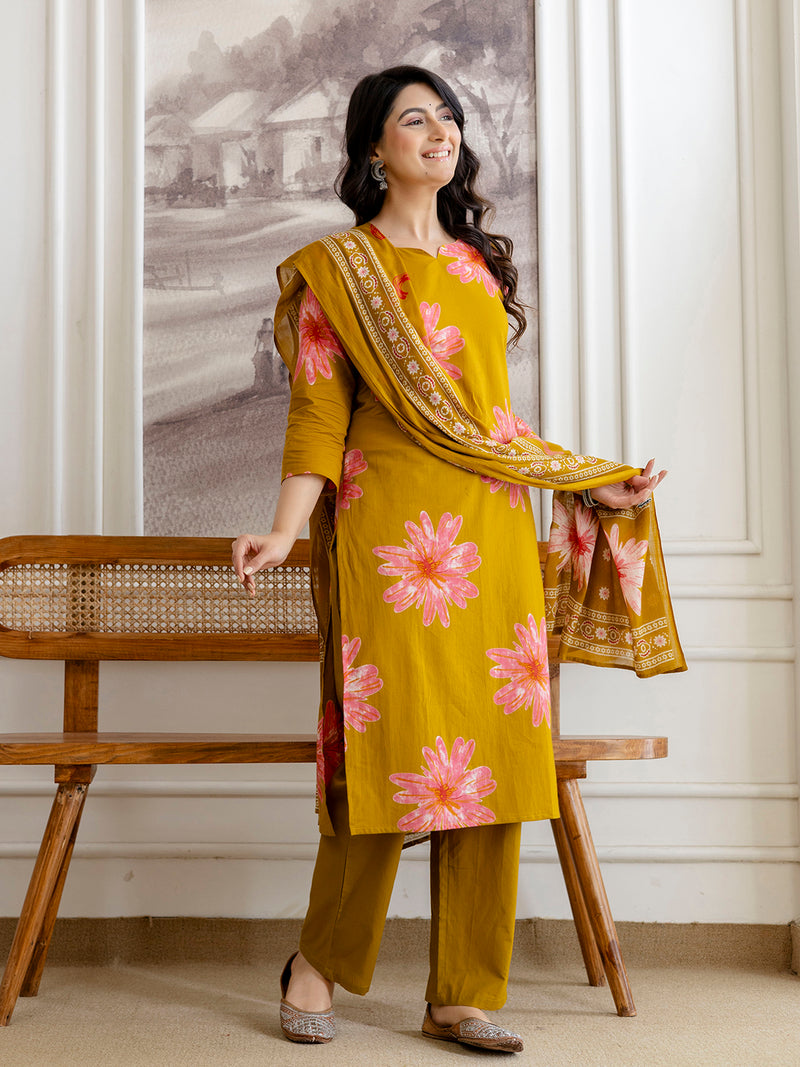 Printed Cotton Kurta Set with Ankle-Length Pants and Graceful Dupatta