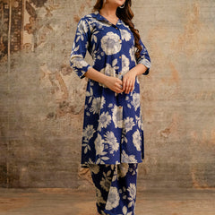 Blue Women’s Co-Ord Set–Printed Collared Kurta with 3/4 Sleeves & Elastic Waist Pants