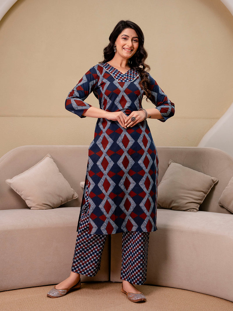 Bordered V-Neck 3-Piece Kurta Set with Ankle-Length Pants & Full-Length Dupatta (M–XXL)