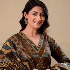 Bordered V-Neck 3-Piece Kurta Set with Ankle-Length Pants & Full-Length Dupatta (M–XXL)