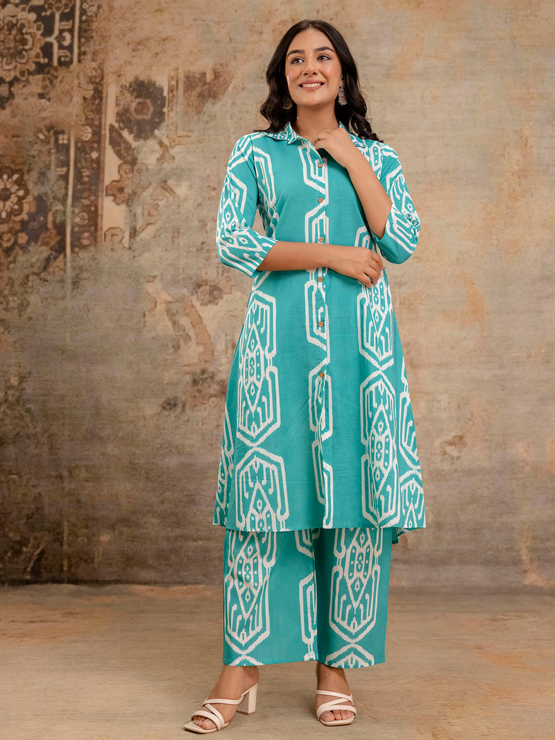 Light Green Women’s Co-Ord Set–Printed Collared Kurta with 3/4 Sleeves & Elastic Waist Pants
