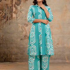 Light Green Women’s Co-Ord Set–Printed Collared Kurta with 3/4 Sleeves & Elastic Waist Pants