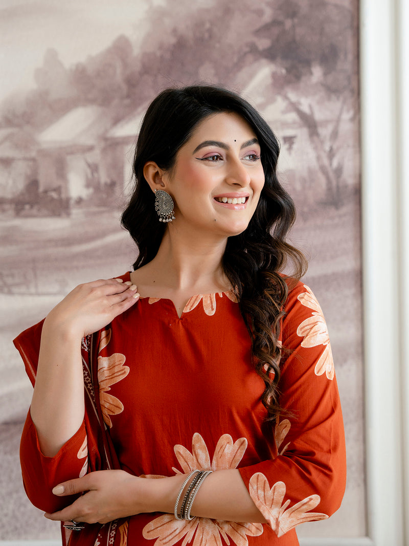 Printed Cotton Kurta Set with Ankle-Length Pants and Graceful Dupatta