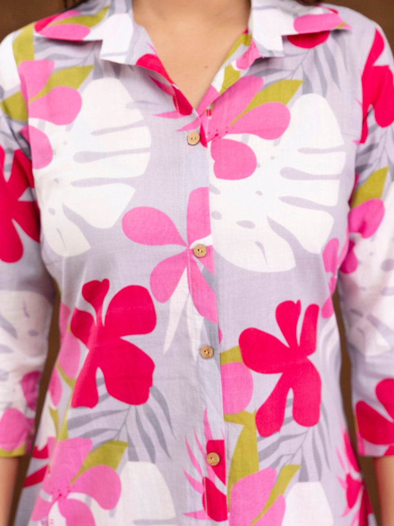 Grey Women’s Co-Ord Set–Printed Collared Kurta with 3/4 Sleeves & Elastic Waist Pants