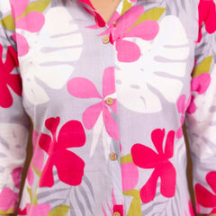 Grey Women’s Co-Ord Set–Printed Collared Kurta with 3/4 Sleeves & Elastic Waist Pants