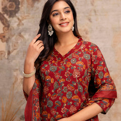 Pure Cotton Red Floral Printed 3-Piece Kurta Set with Dupatta