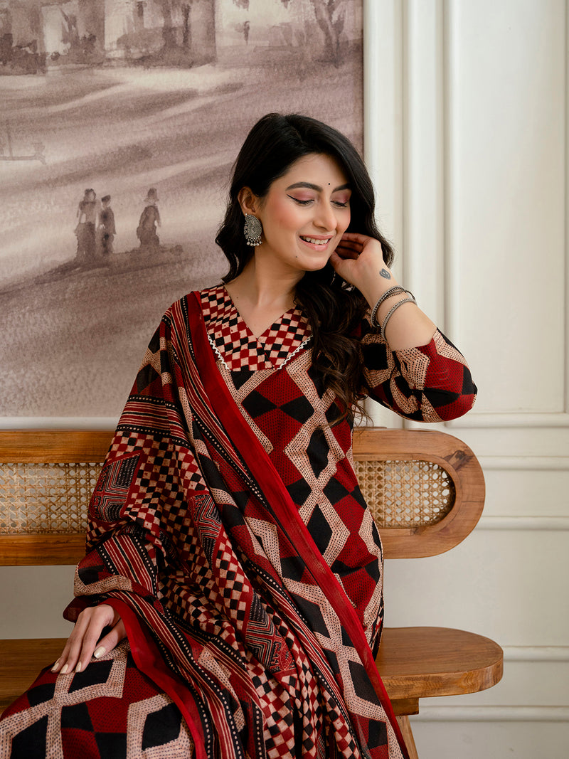 Bordered V-Neck 3-Piece Kurta Set with Ankle-Length Pants & Full-Length Dupatta (M–XXL)