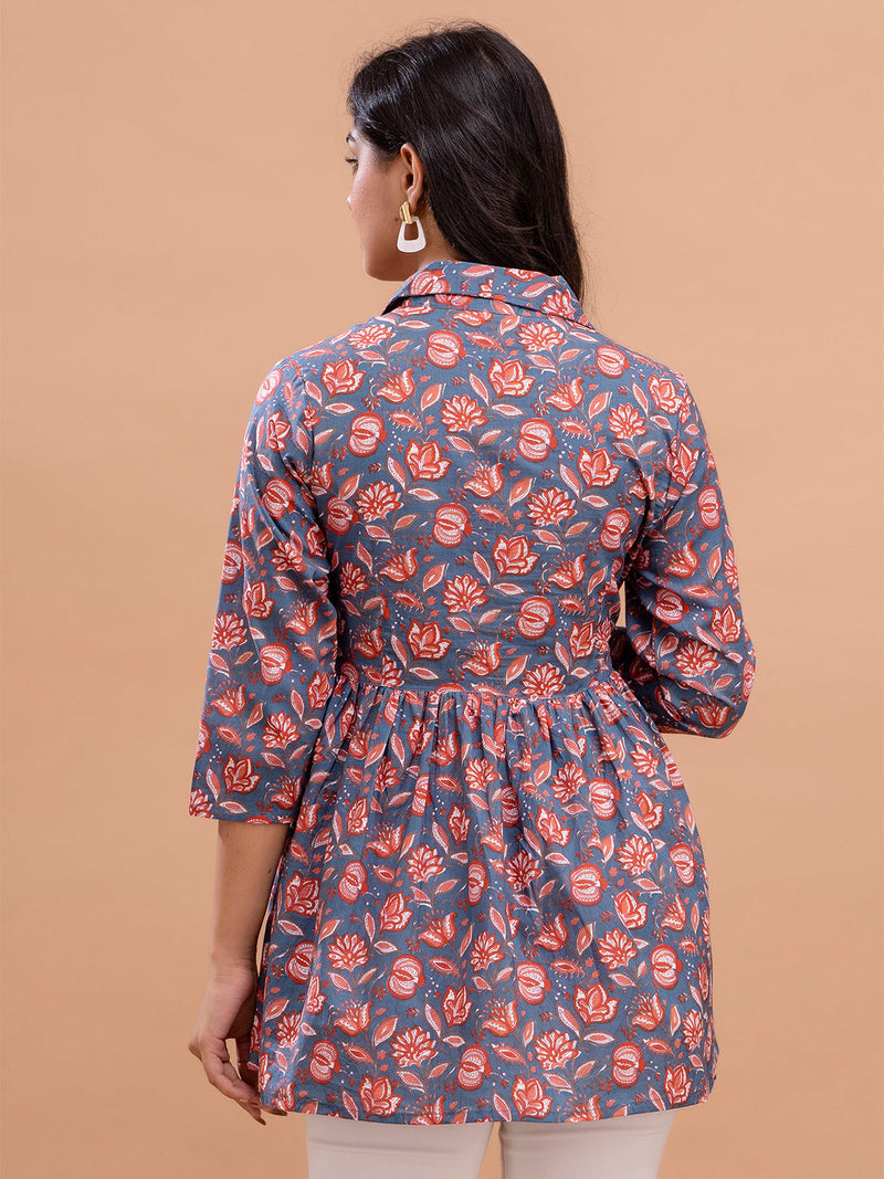 Floral Printed Shirt Collar Pure Cotton Pleated Kurti