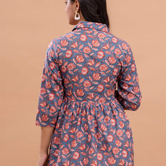 Floral Printed Shirt Collar Pure Cotton Pleated Kurti