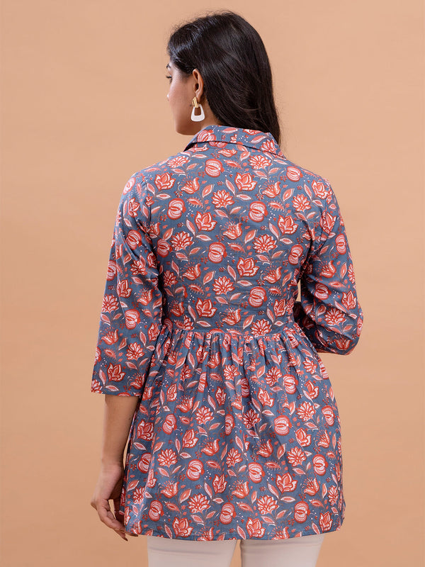Floral Printed Shirt Collar Pure Cotton Pleated Kurti