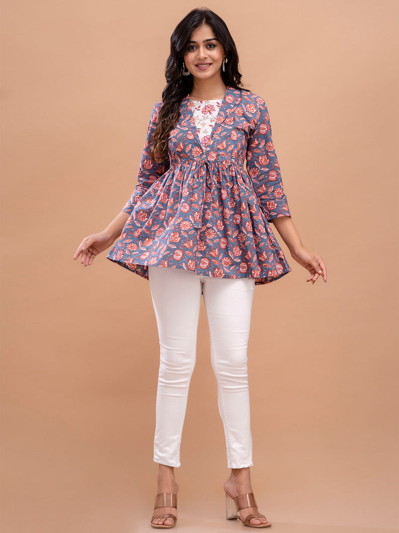Floral Printed Shirt Collar Pure Cotton Pleated Kurti