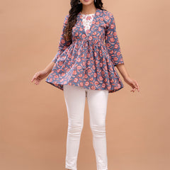 Floral Printed Shirt Collar Pure Cotton Pleated Kurti
