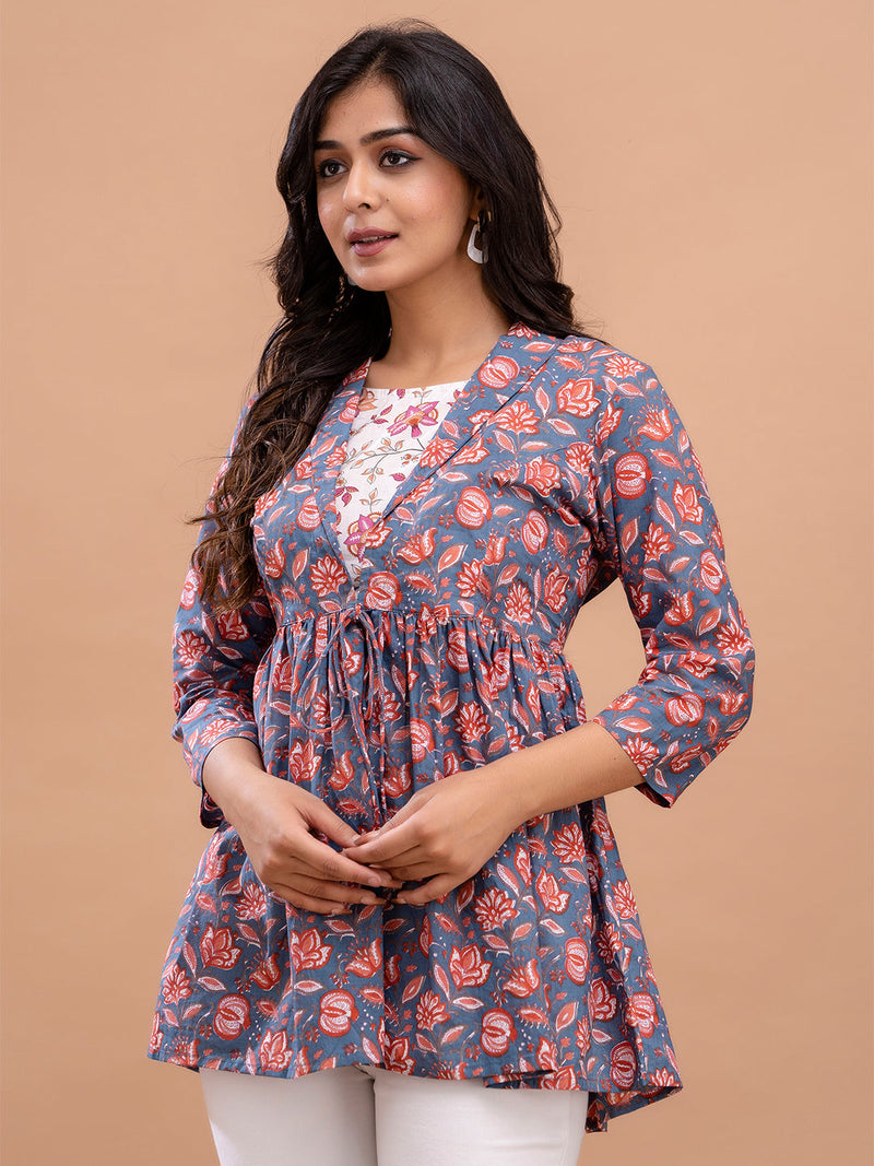 Floral Printed Shirt Collar Pure Cotton Pleated Kurti