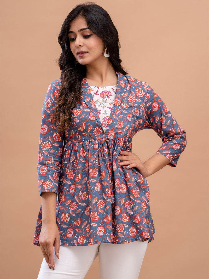 Floral Printed Shirt Collar Pure Cotton Pleated Kurti