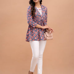 Floral Printed Shirt Collar Pure Cotton Pleated Kurti
