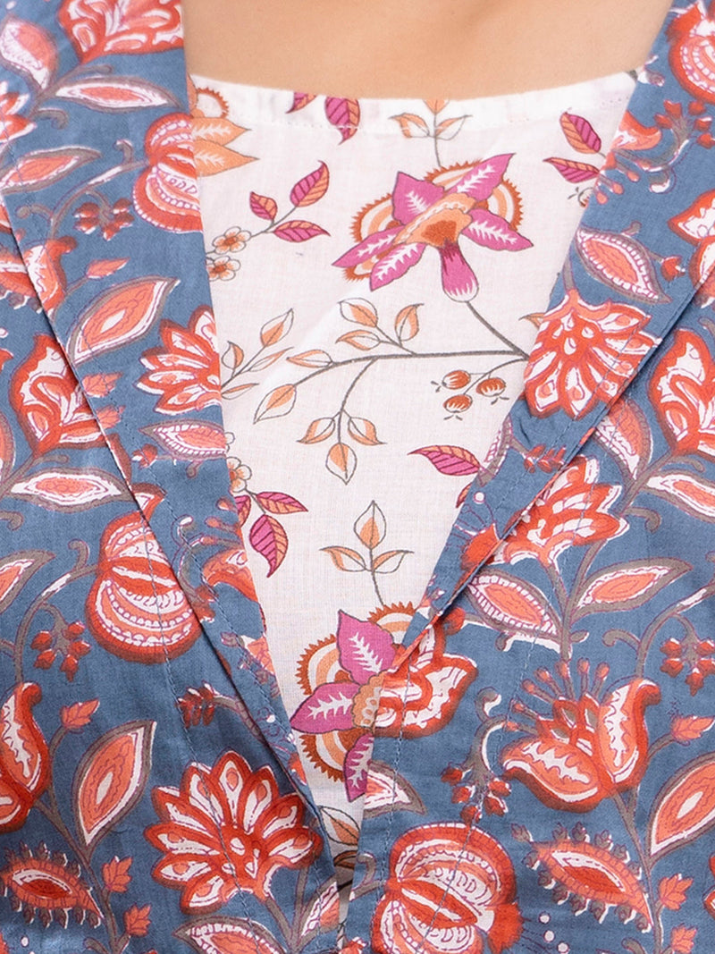 Floral Printed Shirt Collar Pure Cotton Pleated Kurti