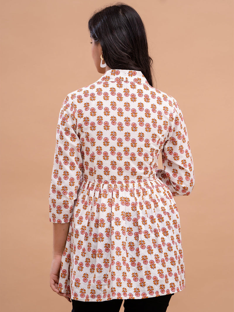 Floral Printed Shirt Collar Pure Cotton Pleated Kurti