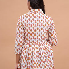 Floral Printed Shirt Collar Pure Cotton Pleated Kurti