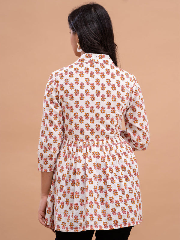 Floral Printed Shirt Collar Pure Cotton Pleated Kurti