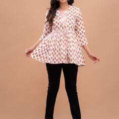 Floral Printed Shirt Collar Pure Cotton Pleated Kurti