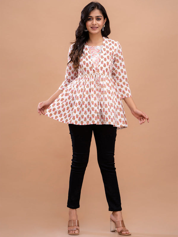 Floral Printed Shirt Collar Pure Cotton Pleated Kurti