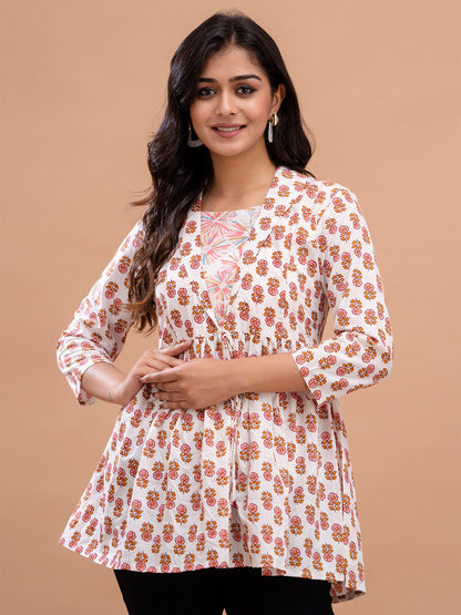 Floral Printed Shirt Collar Pure Cotton Pleated Kurti FRKT6213