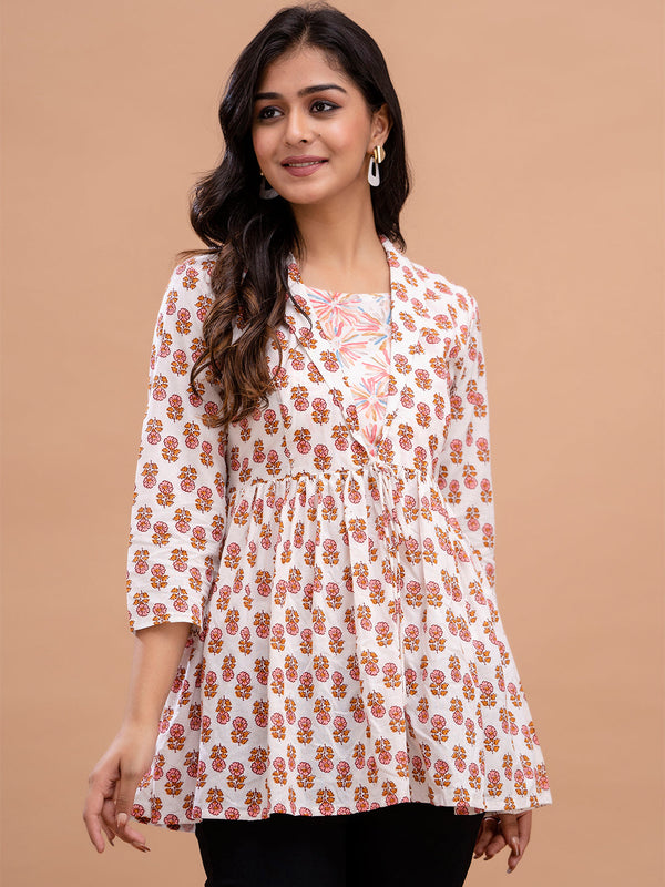 Floral Printed Shirt Collar Pure Cotton Pleated Kurti