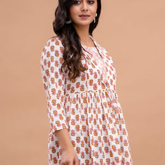 Floral Printed Shirt Collar Pure Cotton Pleated Kurti