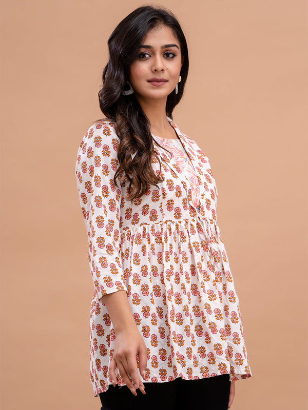 Floral Printed Shirt Collar Pure Cotton Pleated Kurti