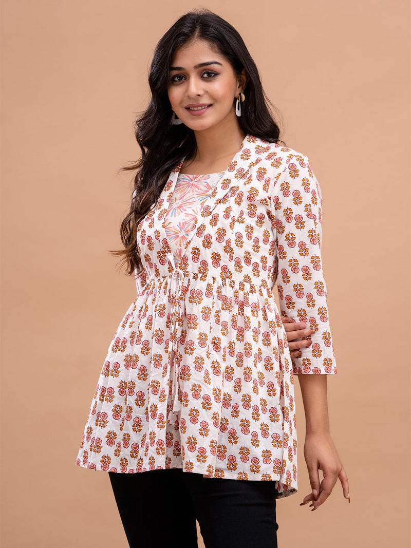 Floral Printed Shirt Collar Pure Cotton Pleated Kurti